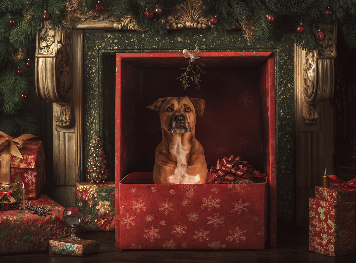 Dog sitting in a large red gift box surrounded by festive Christmas decorations in front of a decorated fireplace.