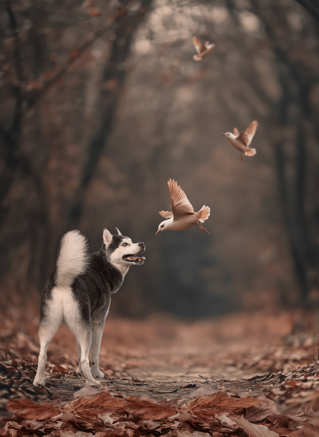 Husky on a leafy forest path watches birds flying above on an autumn day.